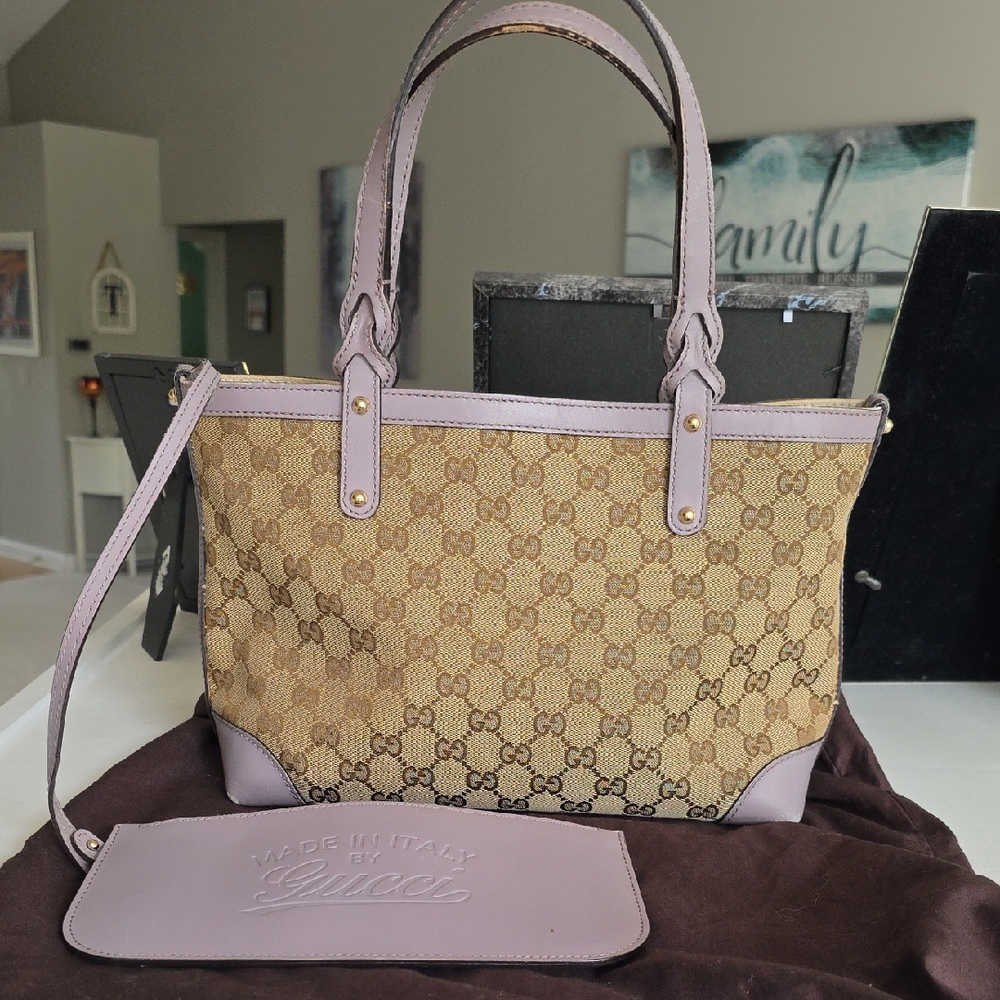 Gucci Beige GG Canvas Tote with Lilac Leather Trim